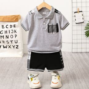 2pcs Toddler Boy Casual Plaid Striped Polo Shirt and Shorts Set