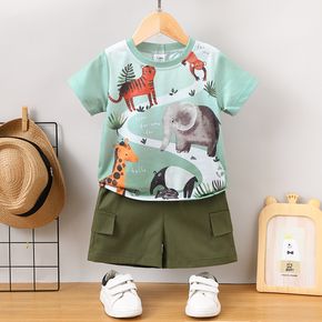 2pcs Toddler Boy Playful Animal Print Tee and Cargo Shorts Set