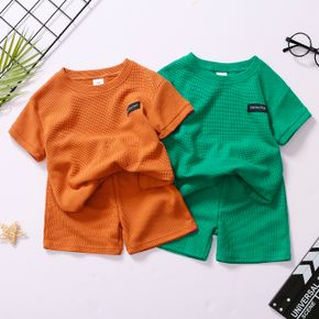 2pcs Toddler Boy Casual Solid Color Waffle Tee and Elasticized Shorts Set