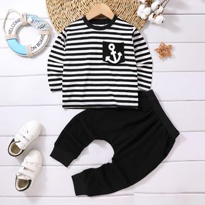 2pcs Toddler Boy Pocket Design Stripe Long-sleeve Tee and Letter Print Pants Set