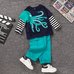 2pcs Toddler Boy Playful Faux-two Octopus Print Sweatshirt and Pocket Design Pants Set