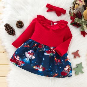 Christmas 2pcs Outer Space Santa Print Red Ruffle Long-sleeve Waffle Splicing Dress Set