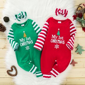 Baby 2pcs Christmas Letter Print and Striped Red Long-sleeve Jumpsuit Set