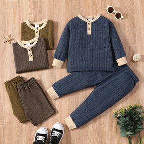 2-piece Toddler Boy/Girl Button Design Ribbed Colorblock Sweatshirt and Pants Set