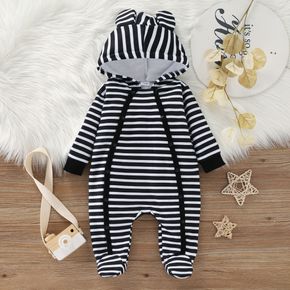 Baby Boy/Girl Striped 3D Ears Hooded Long-sleeve Footed Snap-up Jumpsuit