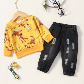 2pcs Baby Boy Cartoon Dinosaur Print Long-sleeve Sweatshirt and Denim Ripped Jeans Set