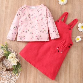 2-piece Toddler Girl Floral Print Long-sleeve Tee and Ruffled Button Design/Fox Pattern Overall Dress Set