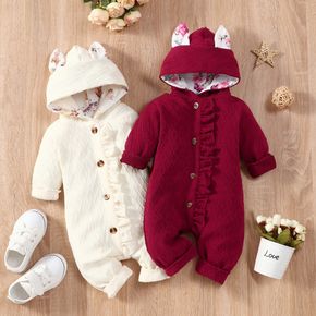 Baby Girl Solid Textured Long-sleeve 3D Ears Hooded Ruffle Jumpsuit