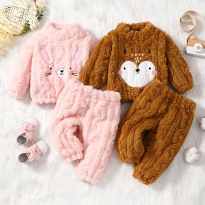 2pcs Baby Boy/Girl Cartoon Embroidered Fuzzy Fleece Long-sleeve Top and Trousers Set