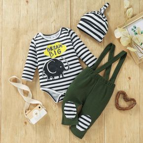 3pcs Baby Boy Elephant Letter Print Striped Long-sleeve Romper and Overalls with Hat Set