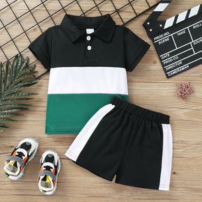 2pcs Toddler Boy Casual Colorblock Splice Polo Shirt and  Shorts Set