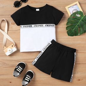 2pcs Toddler Boy Casual Colorblock Letter Print Tee and Shorts Set