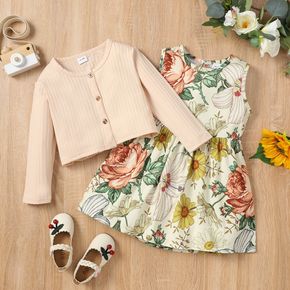 2-piece Toddler Girl Floral Print Sleeveless Dress and Button Design Long-sleeve Cardigan Set