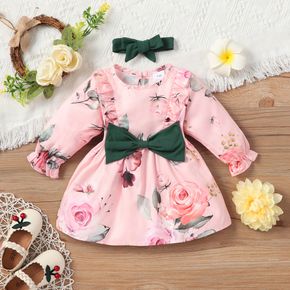 2pcs Baby Girl Bowknot Design Pink Floral Print Long-sleeve Ruffle Dress with Headband Set