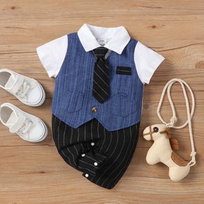 100% Cotton Baby Boy Contrast Collar Short-sleeve Striped Necktie Gentleman Jumpsuit