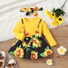 2pcs Baby Girl Yellow Ribbed Splicing Sunflower Floral Print Faux-two Long-sleeve Dress with Headband Set