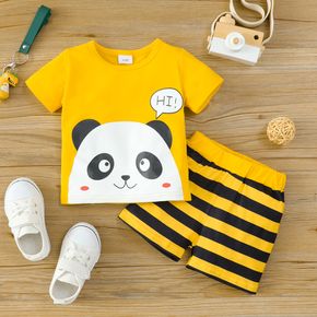 2pcs Baby Boy/Girl Cartoon Panda Print Yellow Short-sleeve T-shirt and Striped Shorts Set