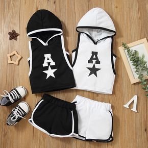 2pcs Baby Boy Letter and Star Print Hooded Sleeveless Tank Top and Shorts Set
