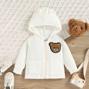 Baby Boy/Girl Teddy Bear Embroidered White Textured Long-sleeve Hooded Zip Jacket