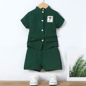 2pcs Toddler Boy Casual Plaid Button Design Shirt and Shorts Set