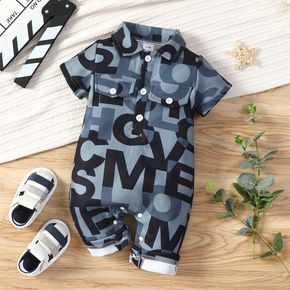 Baby Boy All Over Letter Print Short-sleeve Button Up Jumpsuit