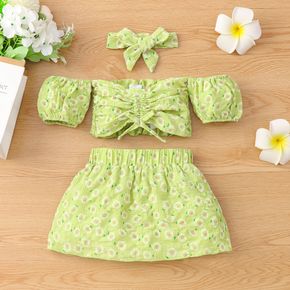 3pcs Baby Girl Green Floral Print Off Shoulder Strapless Puff-sleeve Crop Top and Skirt with Headband Set