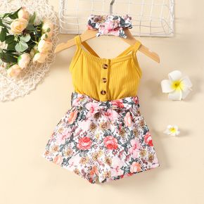 2pcs Baby Girl Solid Ribbed Splicing Floral Print Spaghetti Strap Romper with Headband Set