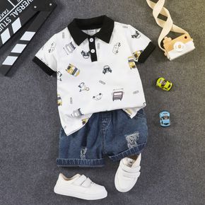 2pcs Toddler Boy Playful Ripped Denim Shorts and Vehicle Print Polo Shirt Set