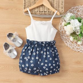 Toddler Girl Ribbed Floral Print Splice Ruffled Bloomers Rompers