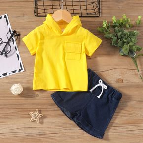 2pcs Baby Boy Solid Short-sleeve Hooded Top and Letter Print Denim Shorts Set