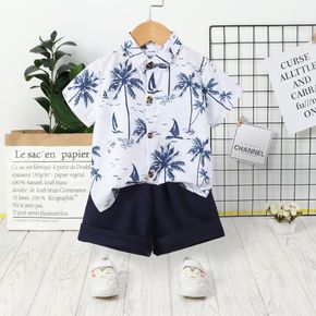 2pcs Toddler Boy Casual Floral Tree Print Lapel Collar Shirt and Shorts Set