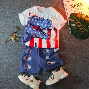 Independence Day 2pcs Toddler Boy Playful Ripped Denim Patchwork Shorts and Dinosaur Print Tee Set