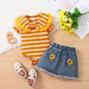 2pcs Baby Girl 95% Cotton Short-sleeve Ruffle Collar Striped Romper and Frayed Raw Trim Embroidered Denim Skirt Set