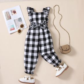 Toddler Girl Letter Print Bowknot Design Plaid Ruffled Sleeveless Jumpsuits