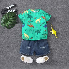 2pcs Toddler Boy Playful Ripped Denim Shorts and Dinosaur Print Tee Set