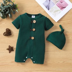 2pcs Baby Boy/Girl Button Design Solid Imitation Knitting Short-sleeve Romper with Hat Set