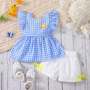 Summer Picnic Baby Girl 2pcs Plaid Floral Applique Flutter-sleeve Blue Top and Bow Decor White Shorts Set