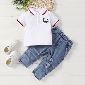 2pcs Baby Boy 95% Cotton Short-sleeve Dinosaur Print Polo Shirt and Ripped Jeans Set