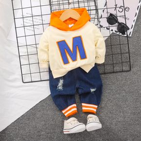 2pcs Baby Boy Letter Embroidered Contrast Color Hoodie and Ripped Jeans Set