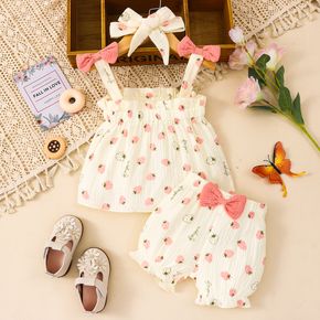 100% Cotton Baby Girl 3pcs Crepe Strawberry Allover Bow Decor Sleeveless Top and Bloomer Shorts with Headband Set