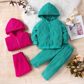 2pcs Toddler Girl Basic Solid Color Fleece Hooded Jacket and Pants Set