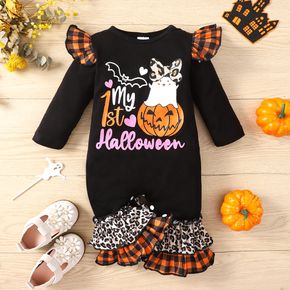 Halloween Baby Girl Plaid & Leopard Print Ruffle Trim Long-sleeve Layered Bell Bottom Graphic Jumpsuit