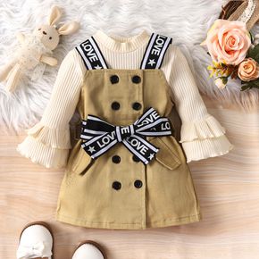 2pcs Baby Girl 100% Cotton Double Breasted Belted Dress and Rib Knit Mock Neck Bell-sleeve Romper Set