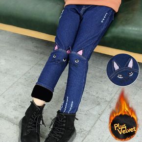 Kid Girl Cat Pattern Ear Design Fleece Lined Denim Jeans