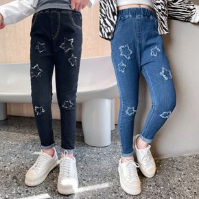 Kid Girl Stars Pattern Ripped Denim Skinny Jeans