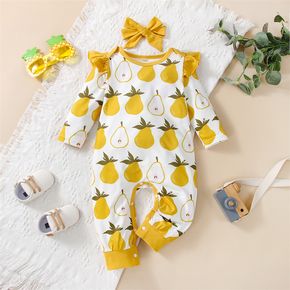 2pcs Baby Boy/Girl All Over Fruit Pear Print Long-sleeve Jumpsuit with Headband Set