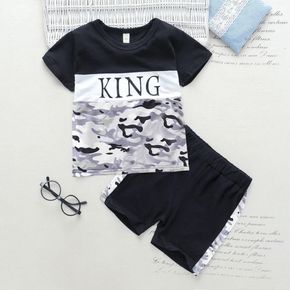 2pcs Toddler Boy Casual Letter Camouflage Print Colorblock Tee & Shorts Set