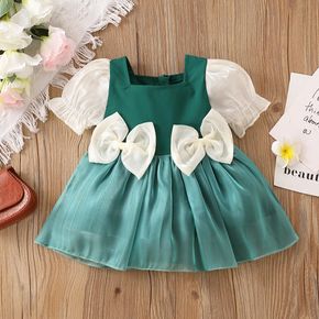 Baby Girl Colorblock Square Neck Puff-sleeve Bowknot Satin Party Dress