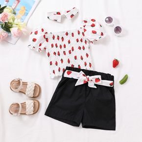 Mini Lady Toddler Girl 3pcs Strawberry Allover Shirred Short-sleeve White Top and Belt Decor Black Shorts with Headband Set