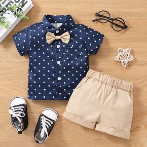 2pcs Baby Boy 100% Cotton Roll Up Hem Shorts and Bow Tie Decor Polka Dots Short-sleeve Shirt Set